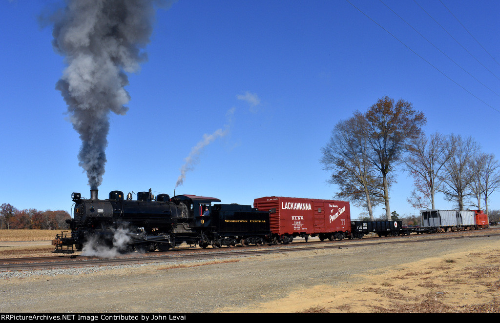 Steam Engine # 9 gets her turn to pull the freight charter special on the photo freight runby just below the South Woodstown depot